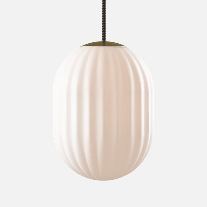 Bright Modeco Plus pendant is a mouth blown lamp with a solid brass lid and a textile cord